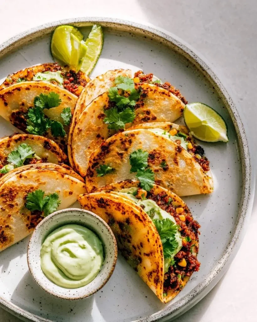 A plate filled with delicious-looking Raw Vegan Tacos topped with fresh cilantro, creamy avocado sauce, and lime wedges.