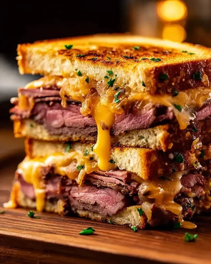 A delicious, stacked Roast Beef And Cheddar Melt Sandwich with melted cheese, thinly sliced roast beef, and caramelized onions, garnished with herbs.