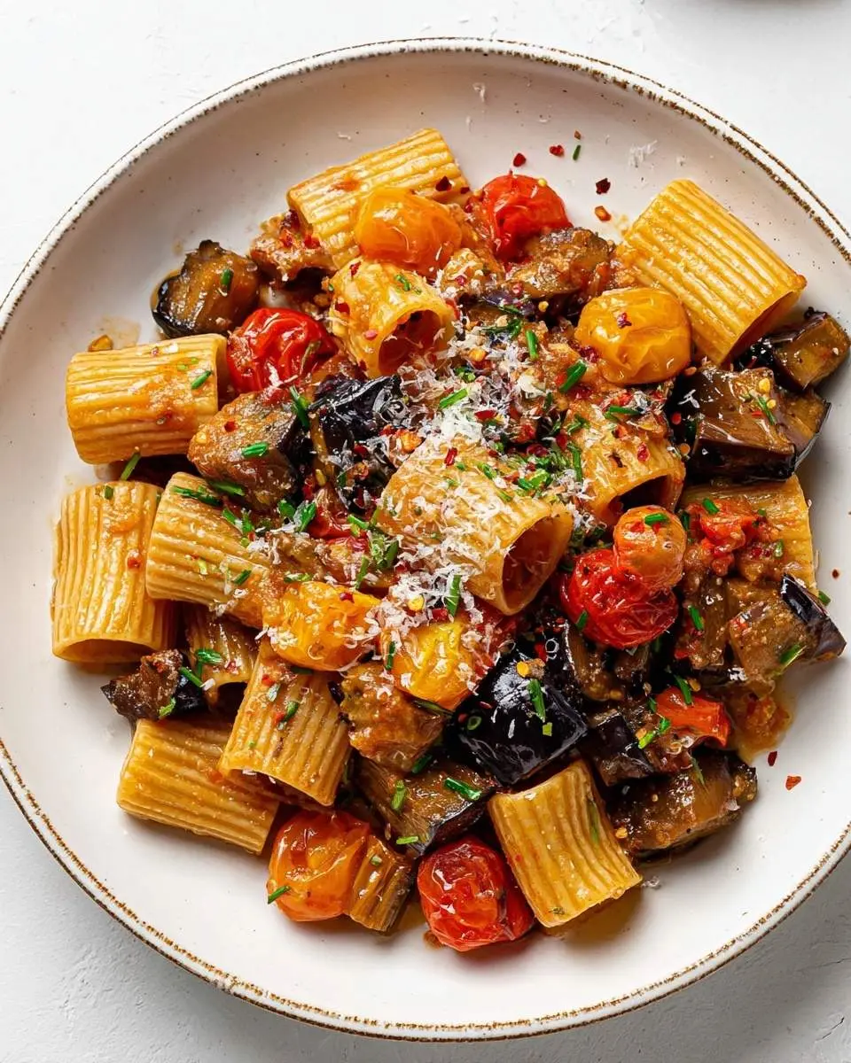Delicious Roasted Eggplant Pasta in a white bowl, with rigatoni, charred eggplant, blistered cherry tomatoes, chives, Parmesan, and chili flakes.