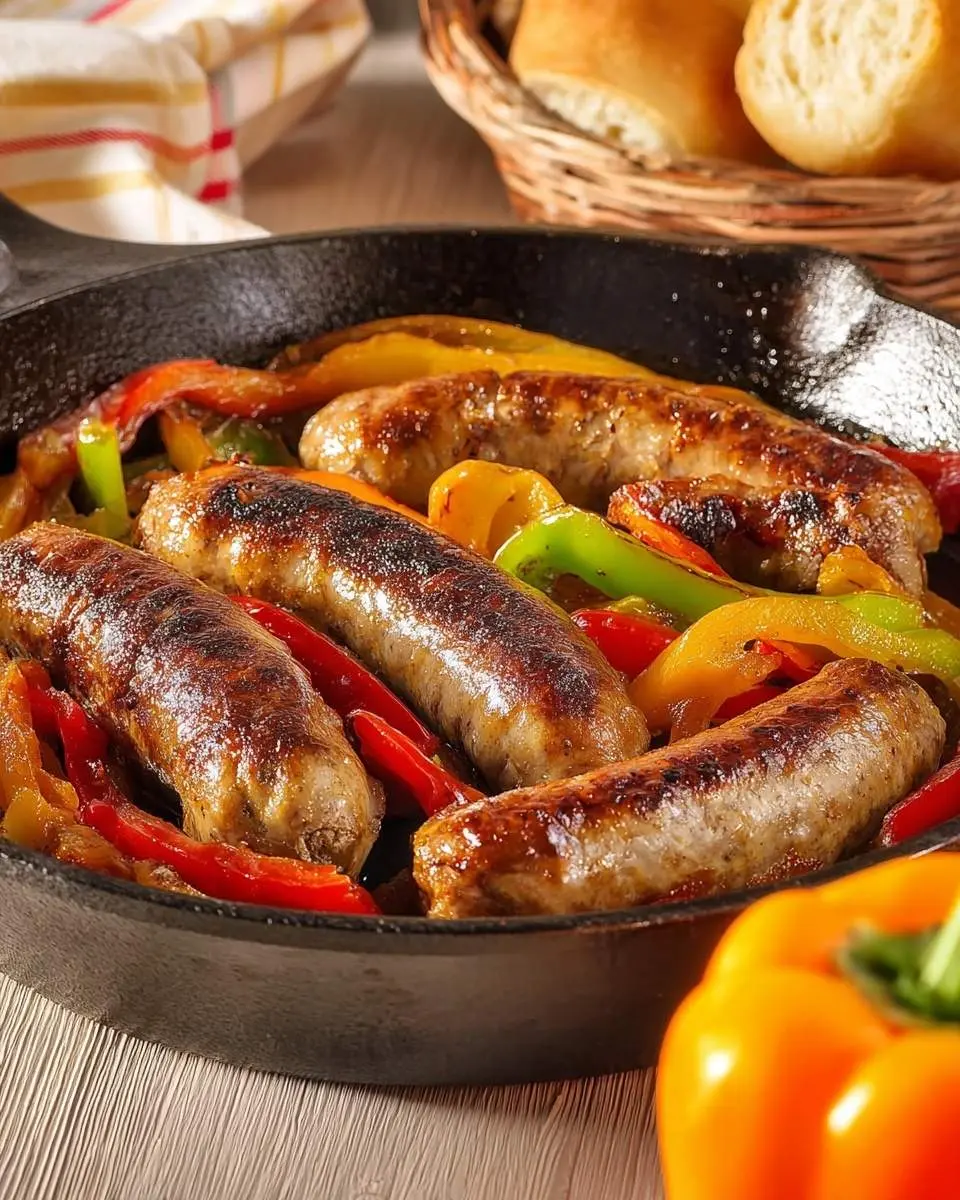 A rustic cast iron skillet filled with perfectly browned Sausage and Peppers, featuring vibrant red, green, and yellow bell peppers.