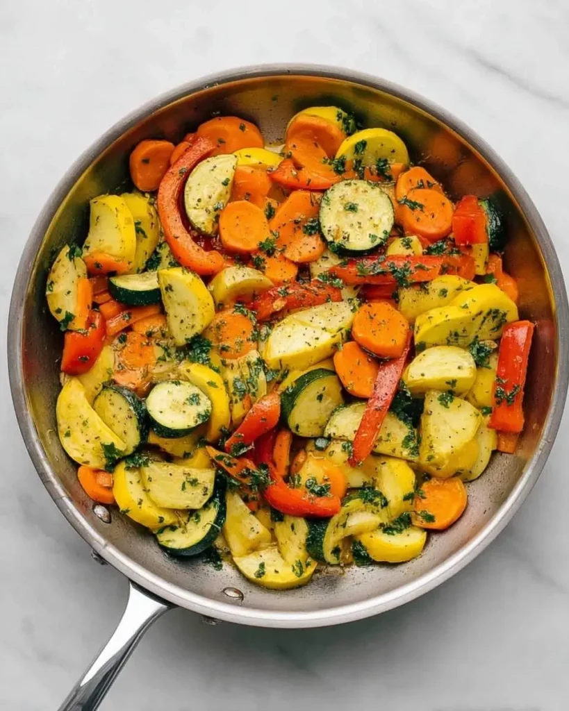 A stainless steel pan filled with vibrantly colored sautéed vegetables including yellow squash, zucchini, carrots, and red bell peppers, garnished with fresh herbs.
