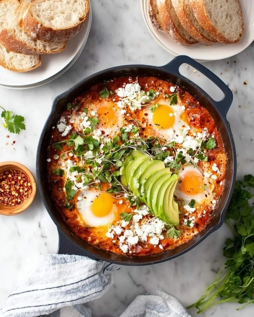 A cast iron skillet of vibrant shakshuka with perfectly baked eggs, crumbled feta, fresh avocado, and herbs, served with crusty bread.
