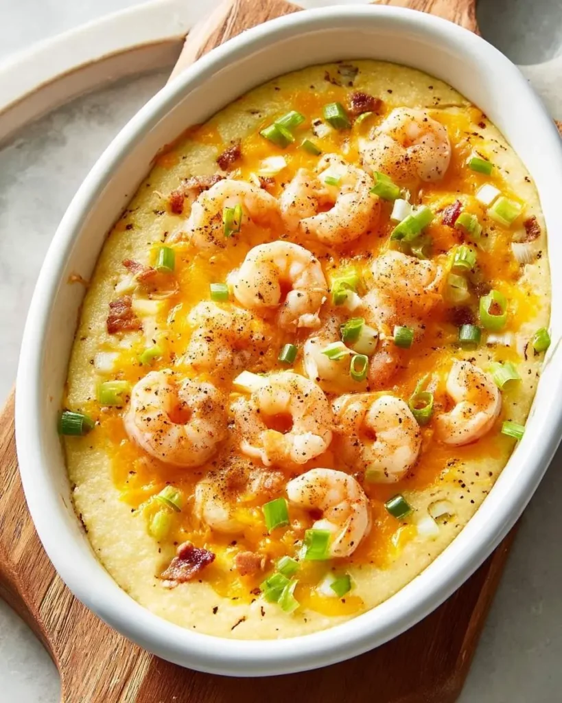 A white oval baking dish filled with a creamy Shrimp and Grits Casserole topped with melted cheese, bacon bits, and chopped green onions.