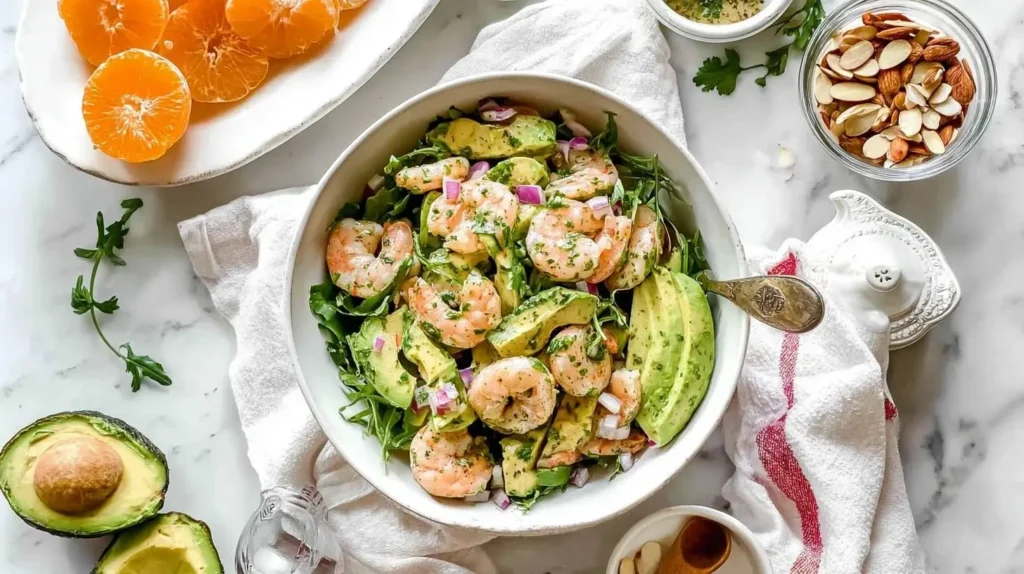 A vibrant shrimp avocado salad in a white bowl, surrounded by fresh oranges, half avocados, and almonds on a marble surface.