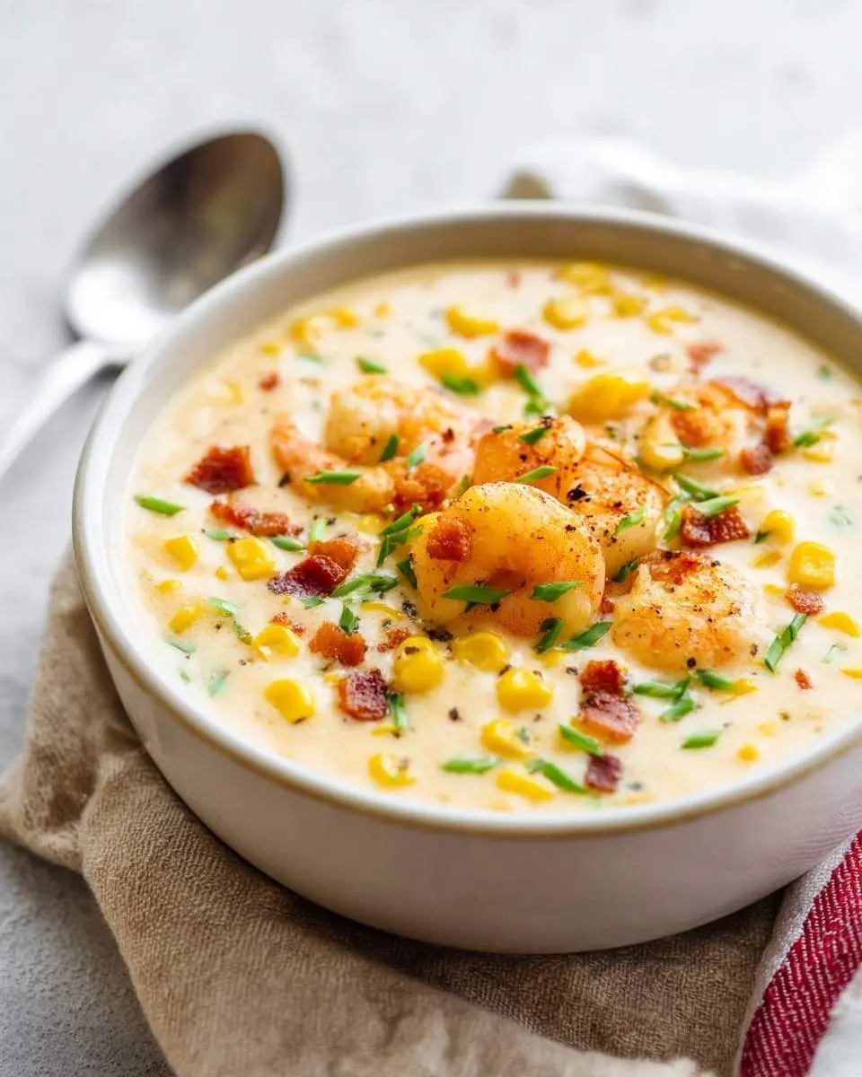 A close-up of a creamy shrimp corn bisque in a white bowl, garnished with sautéed shrimp, golden corn kernels, crispy bacon bits, and fresh chives.