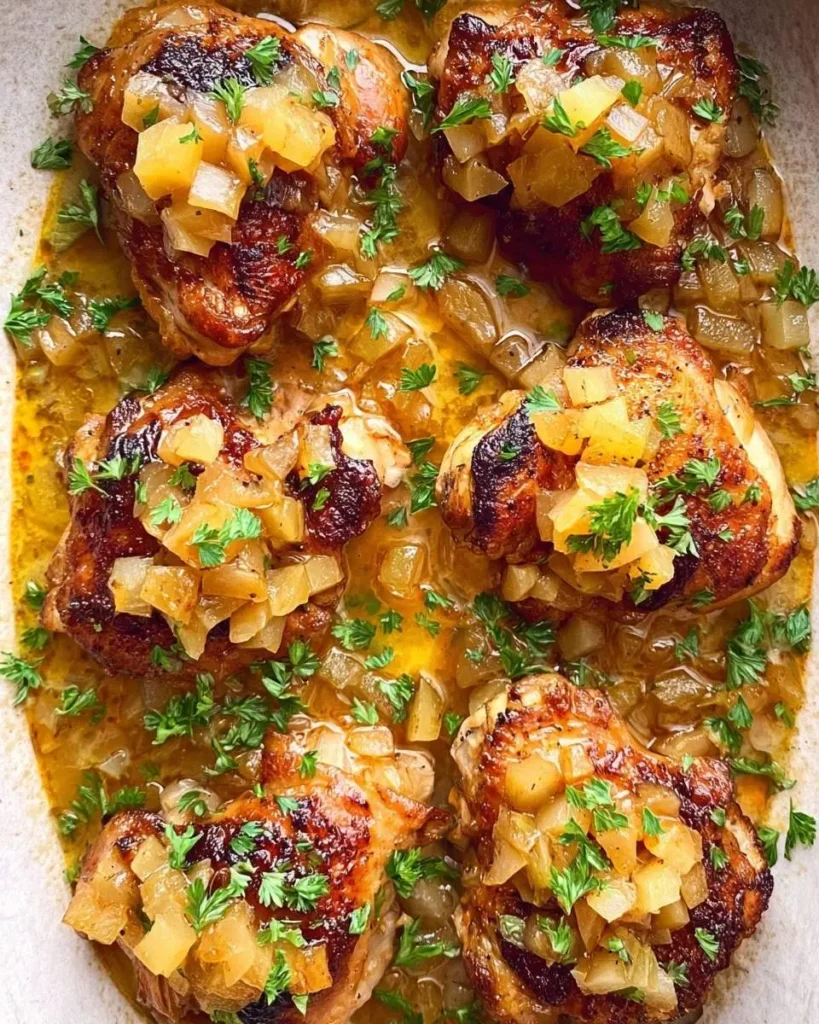 Golden-brown chicken thighs topped with diced apples and fresh parsley in a rich sauce, ready to be enjoyed as Slow Cooker Apple Chicken.