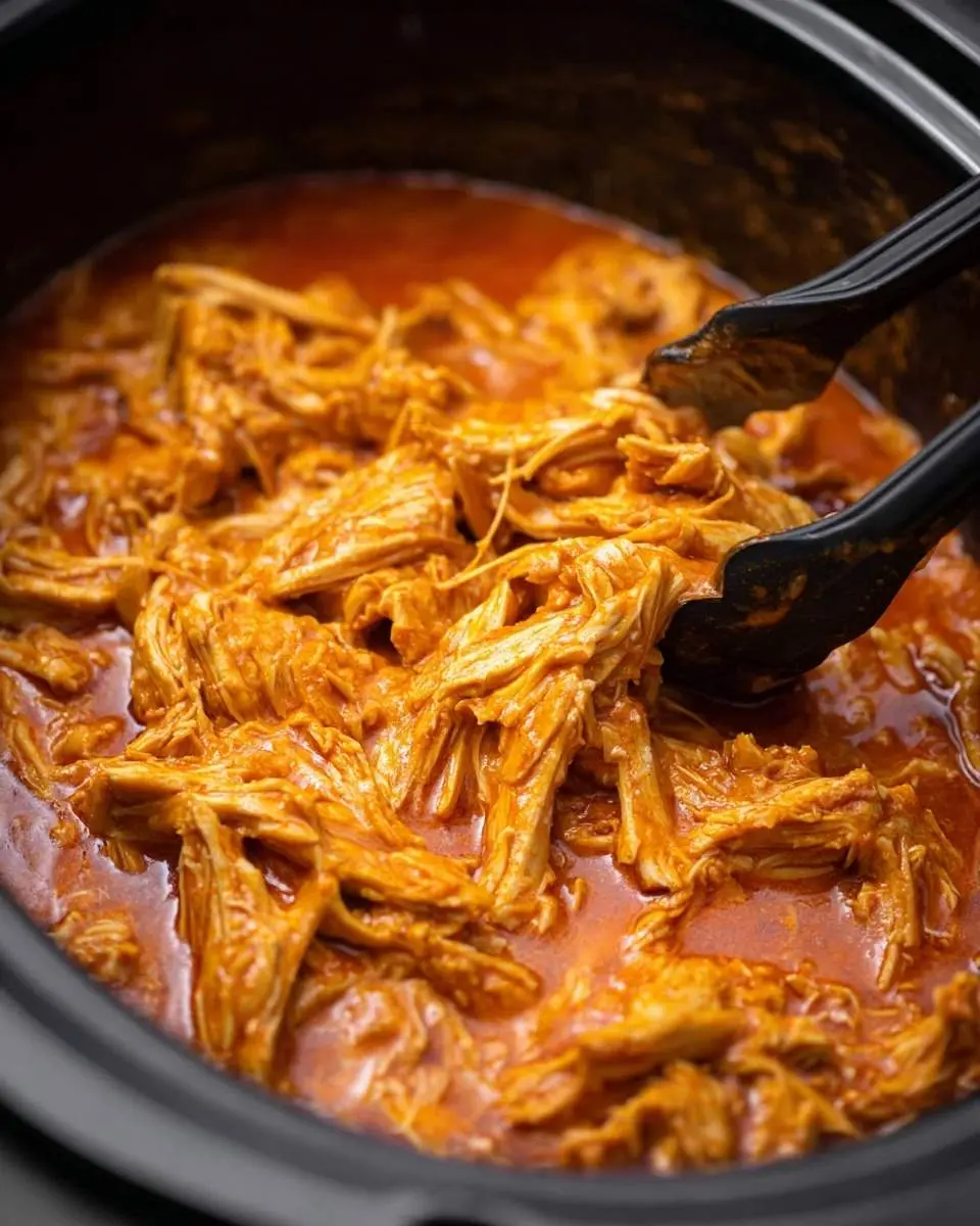 Close-up of shredded Slow Cooker Buffalo Chicken in a black slow cooker, being served with black tongs.