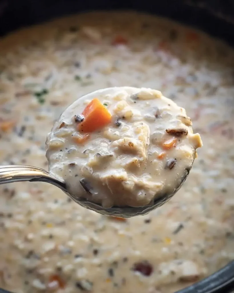 A close-up of a spoonful of creamy Slow Cooker Chicken and Wild Rice Soup held above the pot, showing chicken, carrots, and rice.