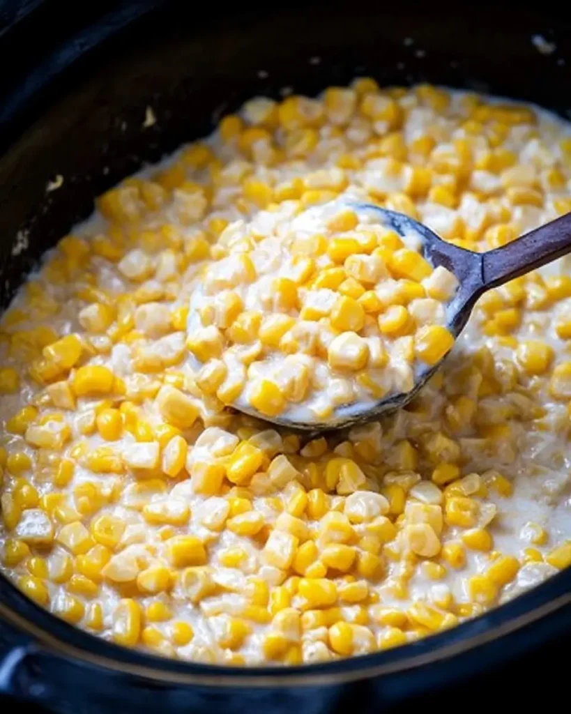 A wooden spoon scoops a generous helping of creamy yellow slow cooker creamed corn from a dark pot, ready to serve.