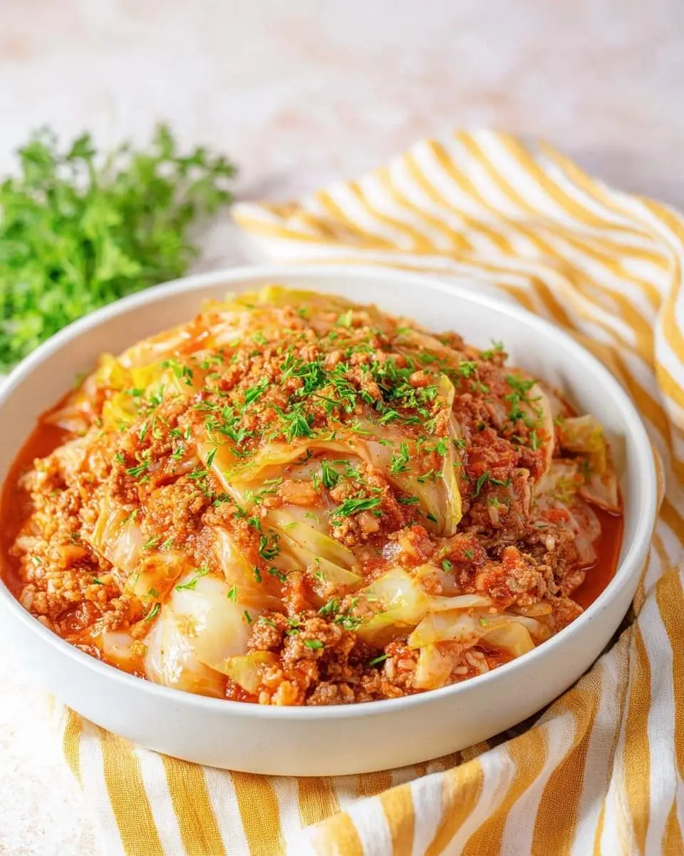 A white bowl filled with delicious Slow Cooker Unstuffed Cabbage Rolls, garnished with fresh green herbs.