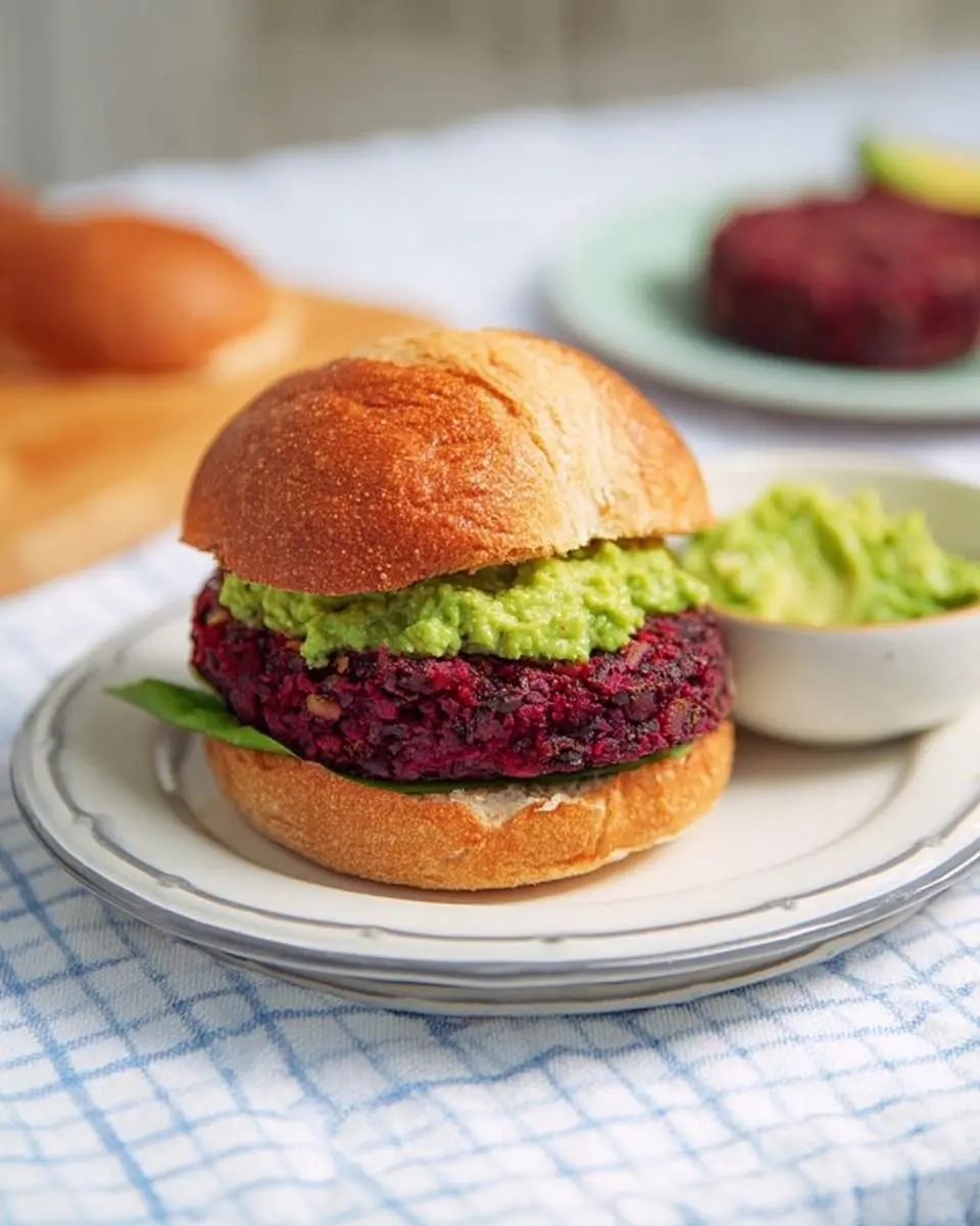 A vibrant Smoky Black Bean-Beet Burger with avocado mash and spinach on a bun, served on a plate with a checkered cloth.