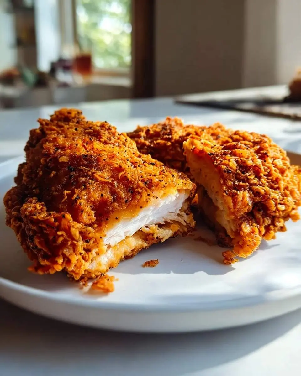 Close-up of crispy, golden Southern Fried Chicken on a white plate, with one piece cut open to show the tender white meat.
