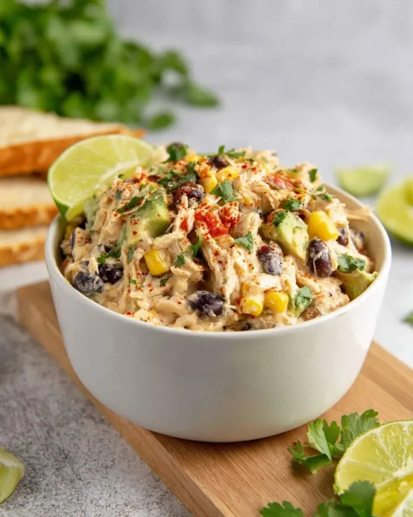 A vibrant bowl of southwest chicken salad with shredded chicken, black beans, corn, avocado, cilantro, and paprika, garnished with a lime wedge.