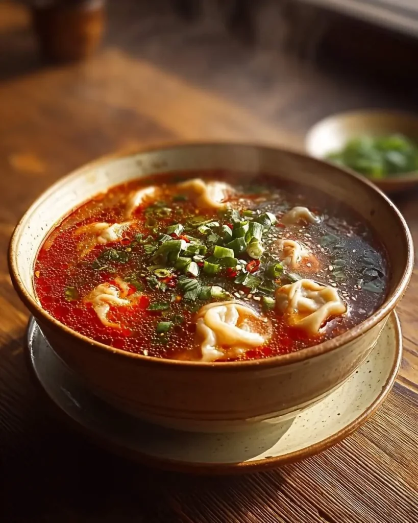 A steaming bowl of vibrant red spicy dumpling soup, garnished with fresh green onions and chili, sits on a rustic wooden table.