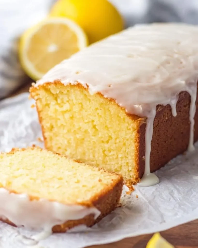 A close-up of a perfectly baked Starbucks Copycat Lemon Loaf, sliced and drizzled with a sweet white glaze, alongside fresh lemons.