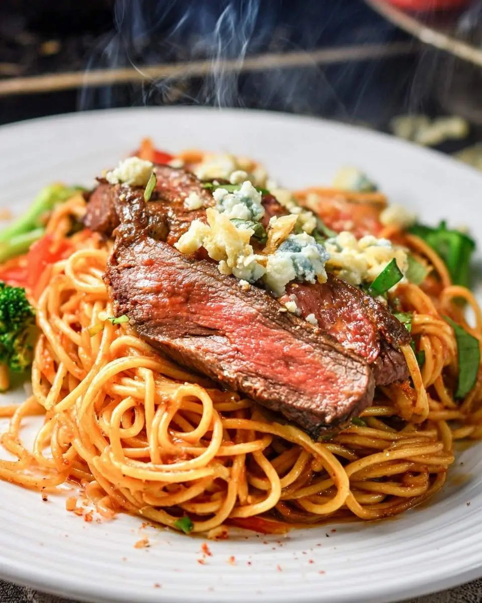 Close-up of a steaming plate of Steakhouse Pasta featuring sliced medium-rare steak topped with blue cheese, served over spaghetti with broccoli.