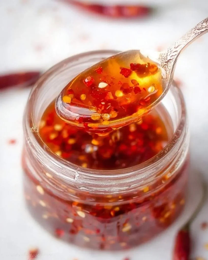A close-up shows a spoon lifting vibrant red sweet chili sauce with visible chili flakes and seeds from a glass jar.