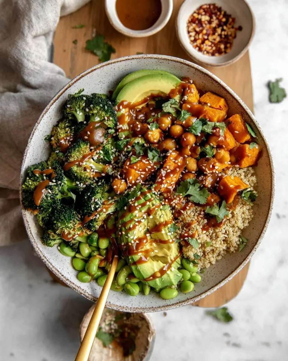 A vibrant Sweet Potato Buddha Bowl featuring roasted broccoli, chickpeas, quinoa, avocado slices, and edamame, drizzled with sauce and sesame seeds.