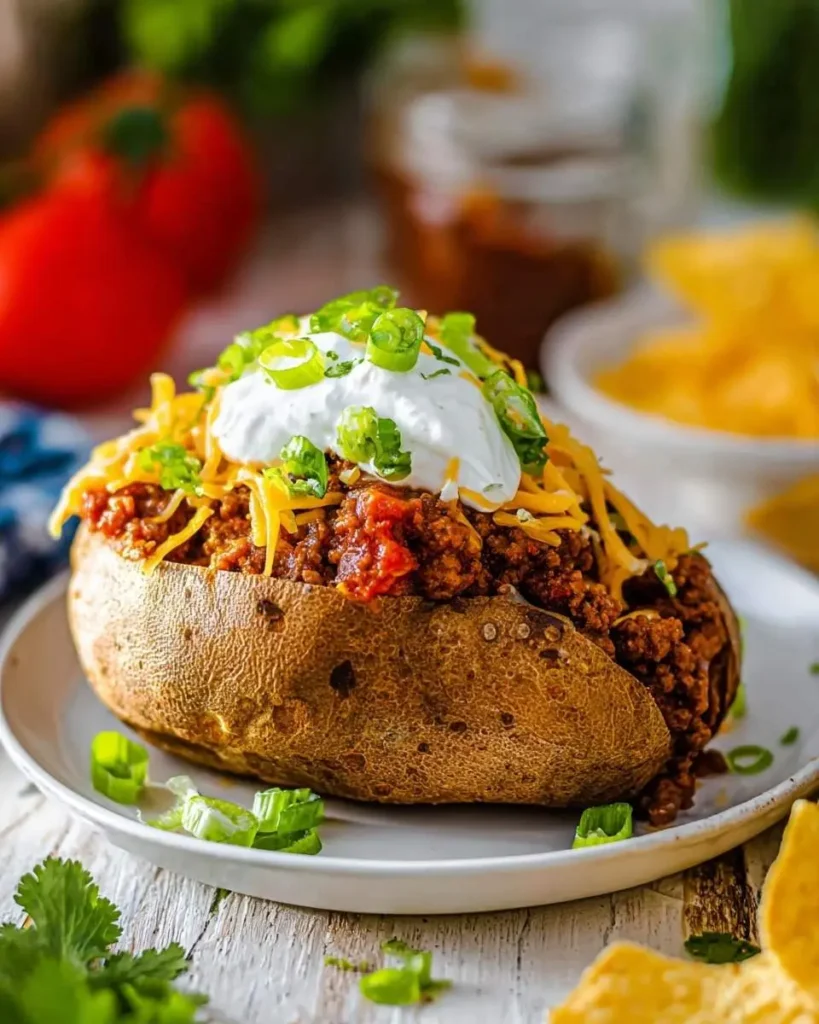 A hearty baked taco potato overflowing with seasoned ground beef, shredded cheese, sour cream, and fresh green onions on a plate.
