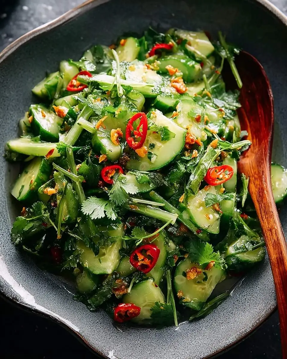 A vibrant close-up of a refreshing Tiger Salad, featuring sliced cucumbers, fresh cilantro, red chili, and crispy garlic in a rustic bowl.