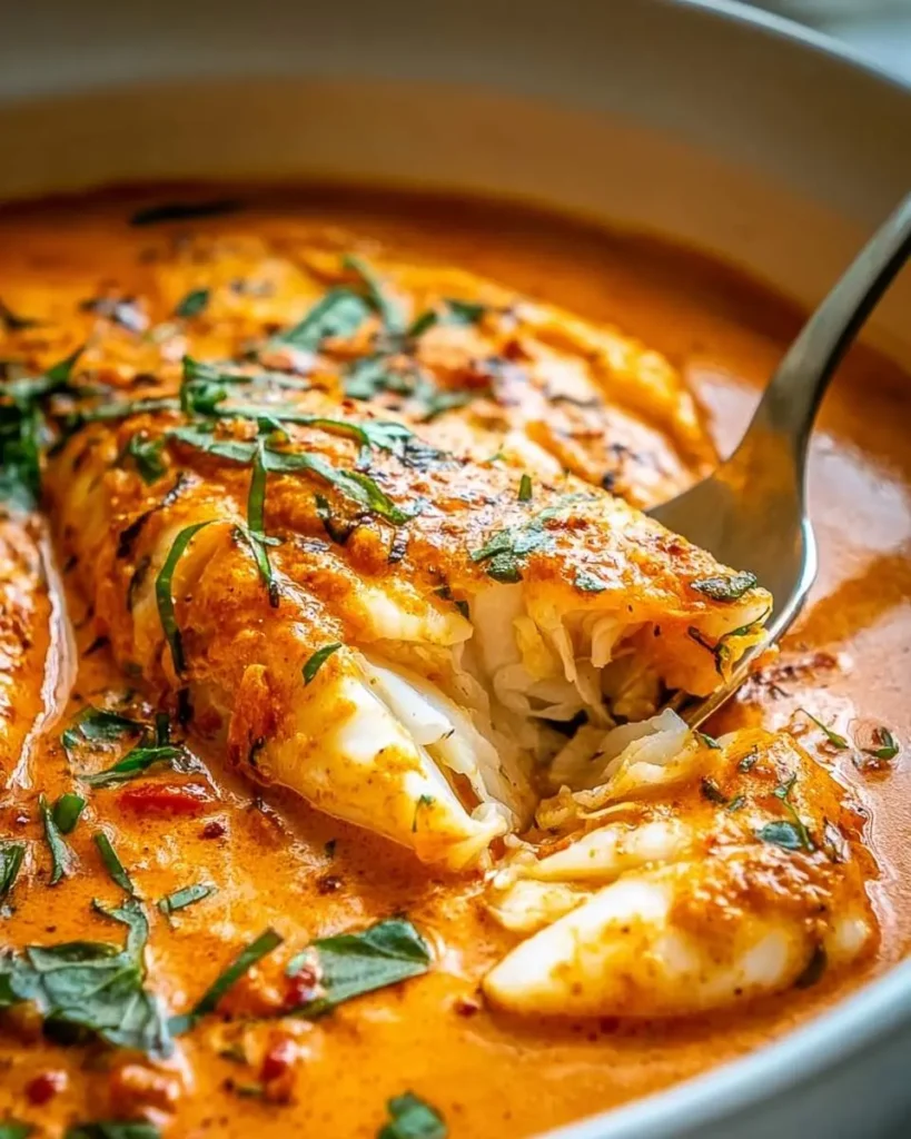 A fork lifts a flaky piece of Tilapia from a vibrant orange Roasted Pepper Sauce, garnished with fresh herbs in a white bowl.