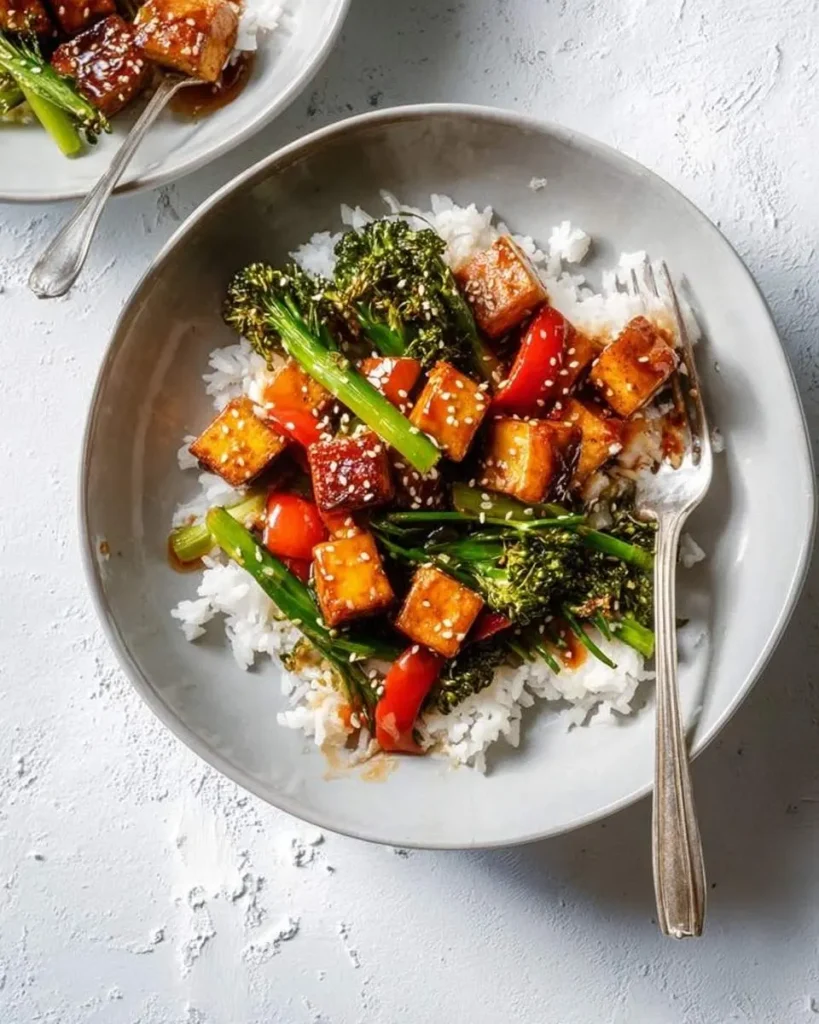 A close-up of a delicious Tofu Veggie Stir Fry served over white rice in a grey bowl, garnished with sesame seeds.
