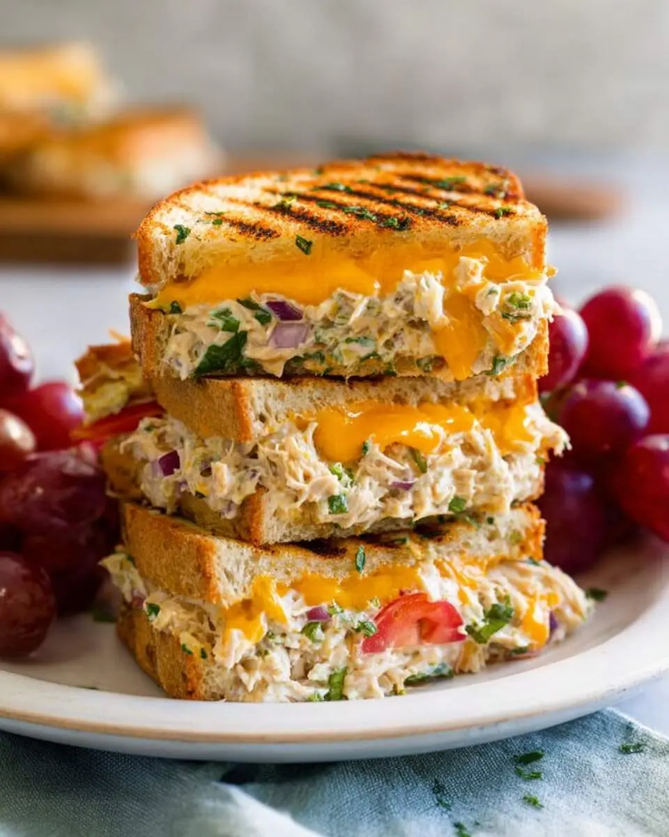 A delicious stack of two grilled tuna melt sandwich halves with melted cheddar cheese and tuna salad, served with red grapes.