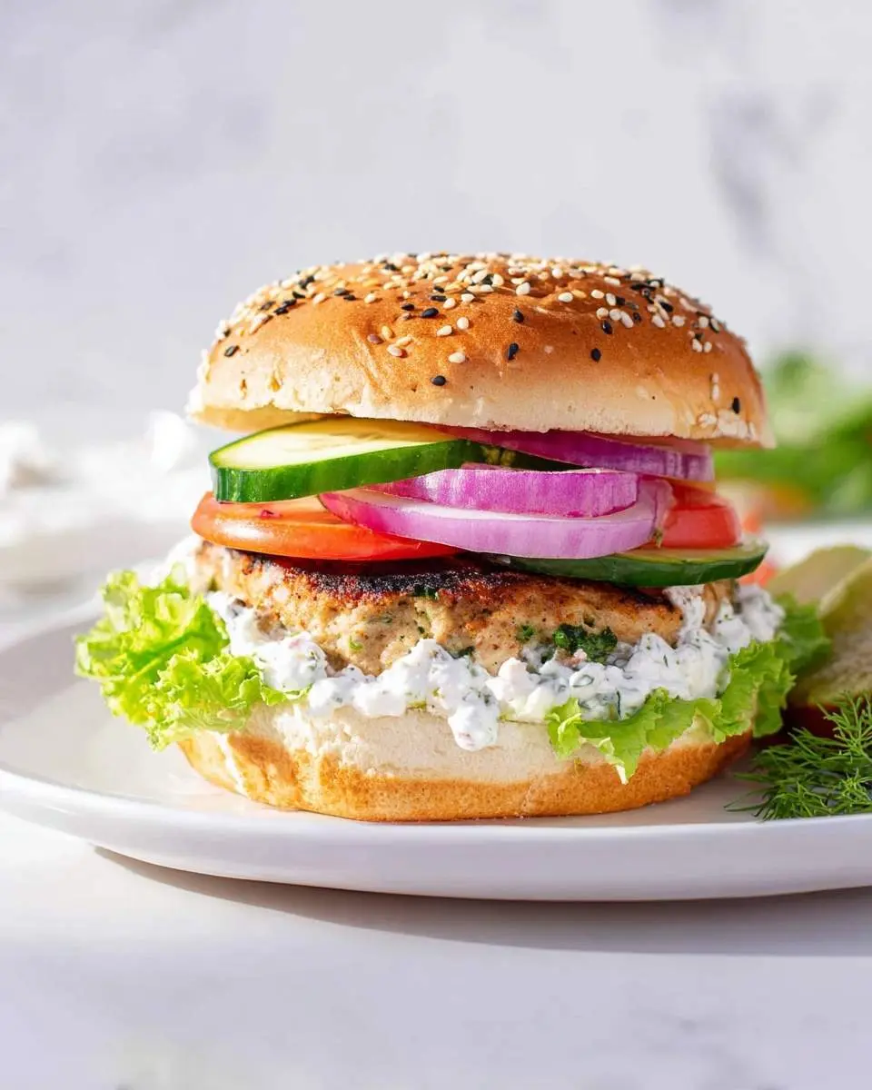A gourmet Turkey Burger on a sesame bun with lettuce, creamy tzatziki, red onion, tomato, and cucumber slices on a white plate.
