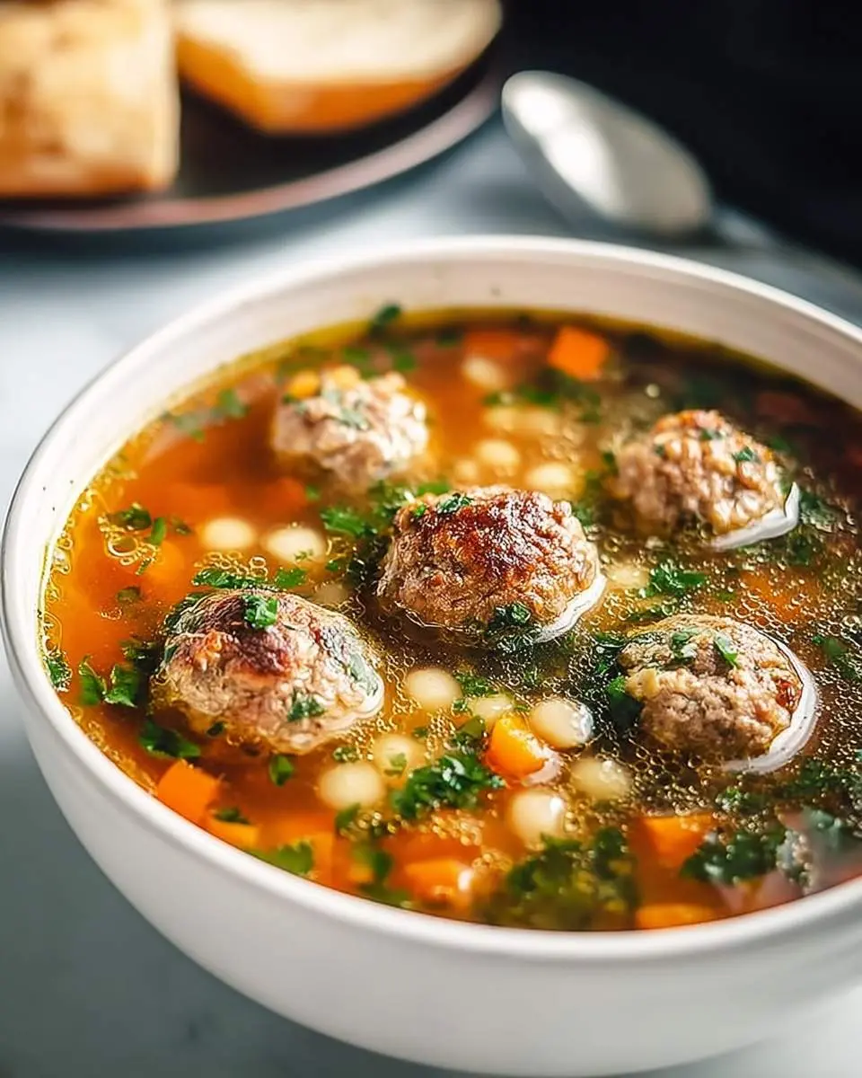 A steaming white bowl filled with delicious turkey meatball soup, featuring meatballs, carrots, and white beans, garnished with fresh parsley.