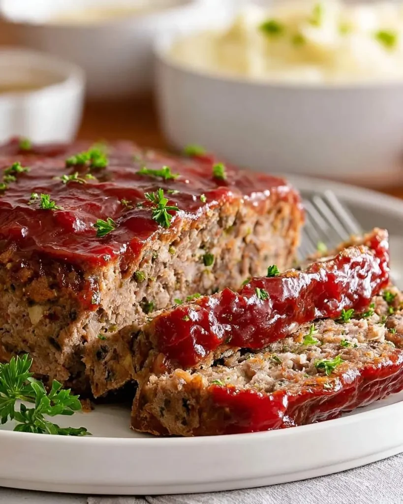 A sliced Turkey Stuffing Meatloaf with a red glaze and fresh parsley on a white plate, with mashed potatoes in the background.