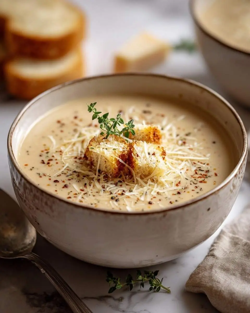 A close-up of a delicious creamy tuscan parmesan soup in a bowl, topped with croutons, grated cheese, and fresh thyme, with bread in the background.