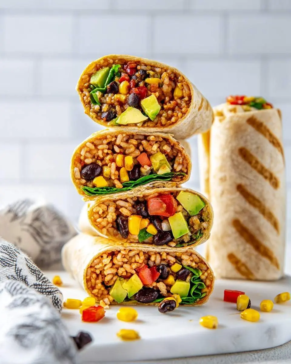 A vibrant stack of four half-cut Vegan Burrito halves, revealing colorful rice, black beans, corn, avocado, and tomato filling.