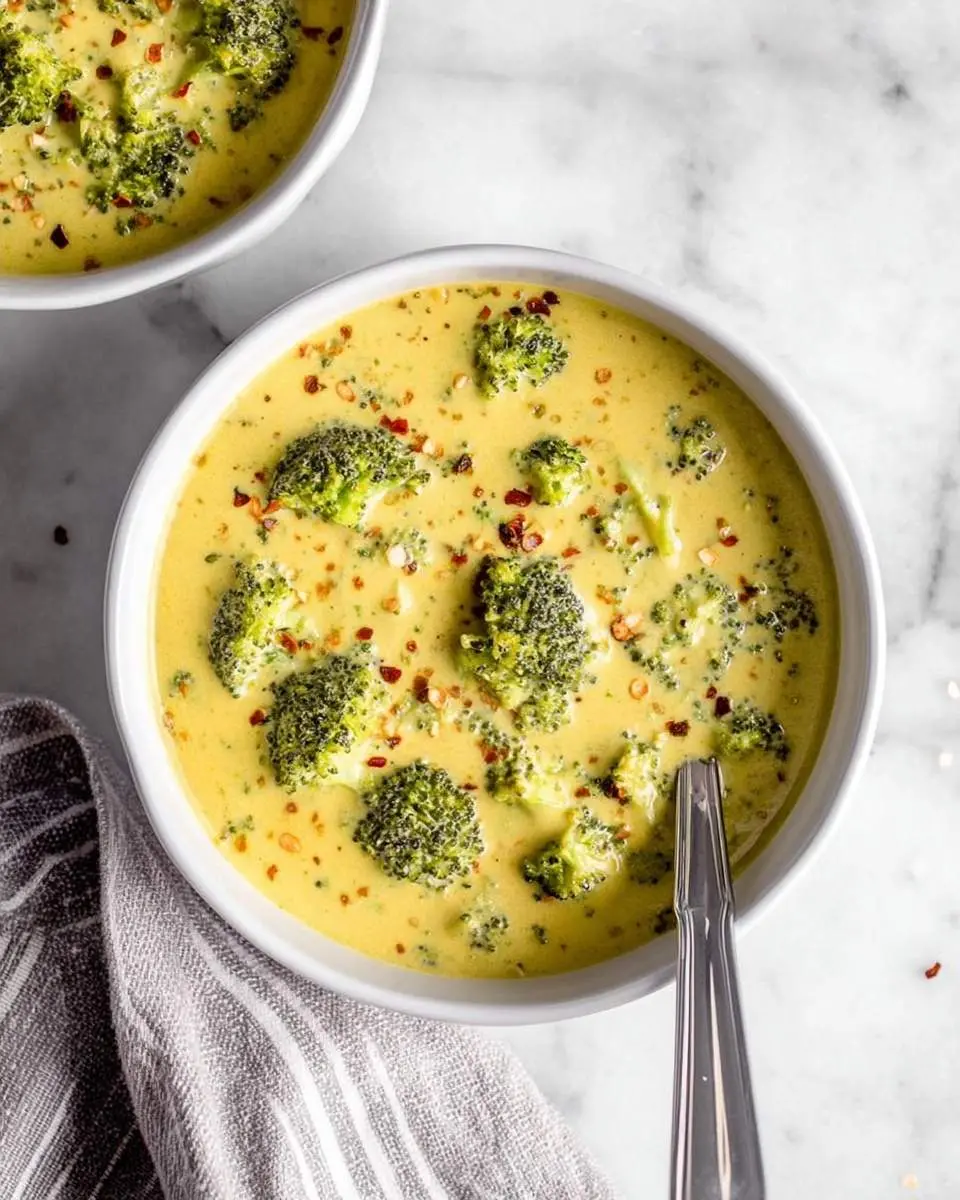 Two bowls of creamy Vegan Cream of Broccoli Soup, topped with fresh broccoli florets and red pepper flakes, on a marble table.