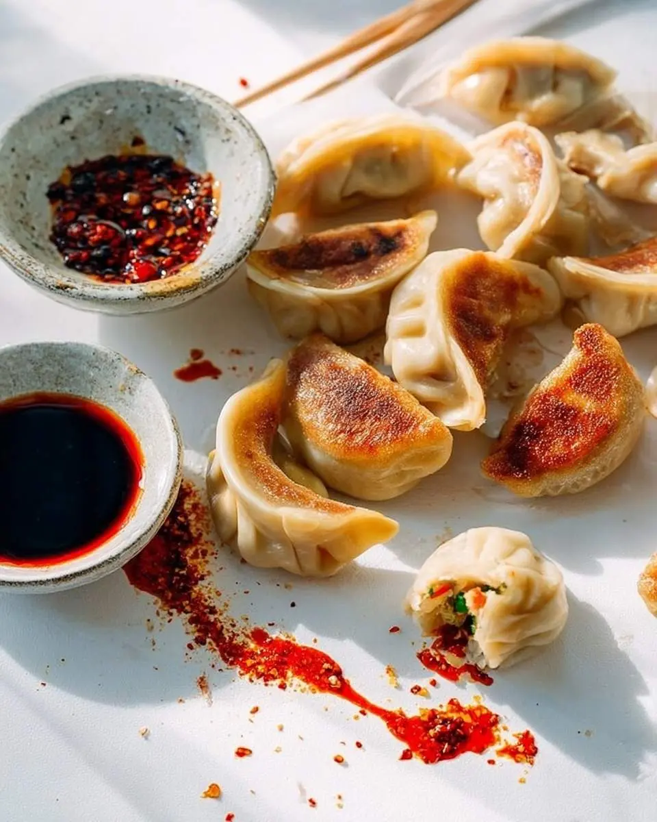 A close-up of golden-brown pan-fried and steamed Vegan Dumplings served with chili oil and soy sauce on a white background.