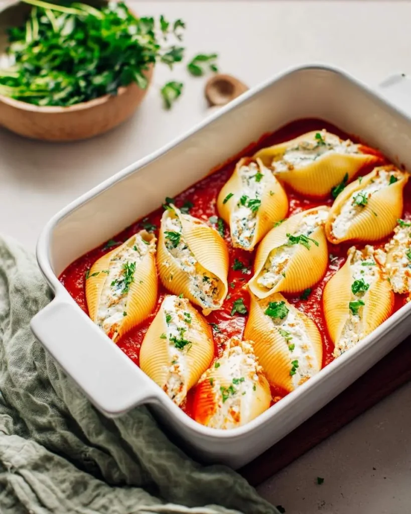 A white baking dish showcases golden vegan stuffed shells, generously filled and nestled in vibrant red marinara sauce, garnished with parsley.