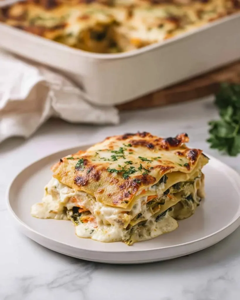 A delicious slice of cheesy Veggie Lasagna layered with spinach, carrots, and creamy sauce, garnished with parsley on a white plate.