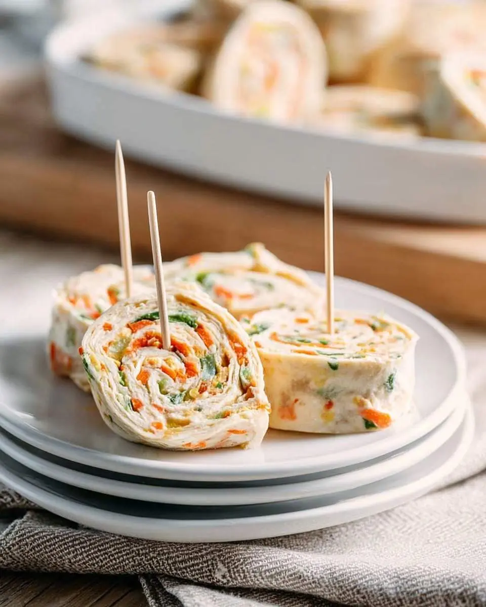 Three vibrant veggie tortilla roll ups with carrots and greens, pierced with toothpicks, sit on a white plate, with more in the blurred background.