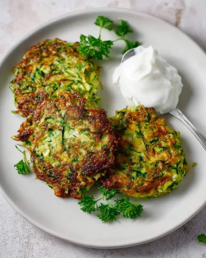A white plate holds four golden Zucchini Fritters, garnished with fresh parsley and served with a spoonful of cream.