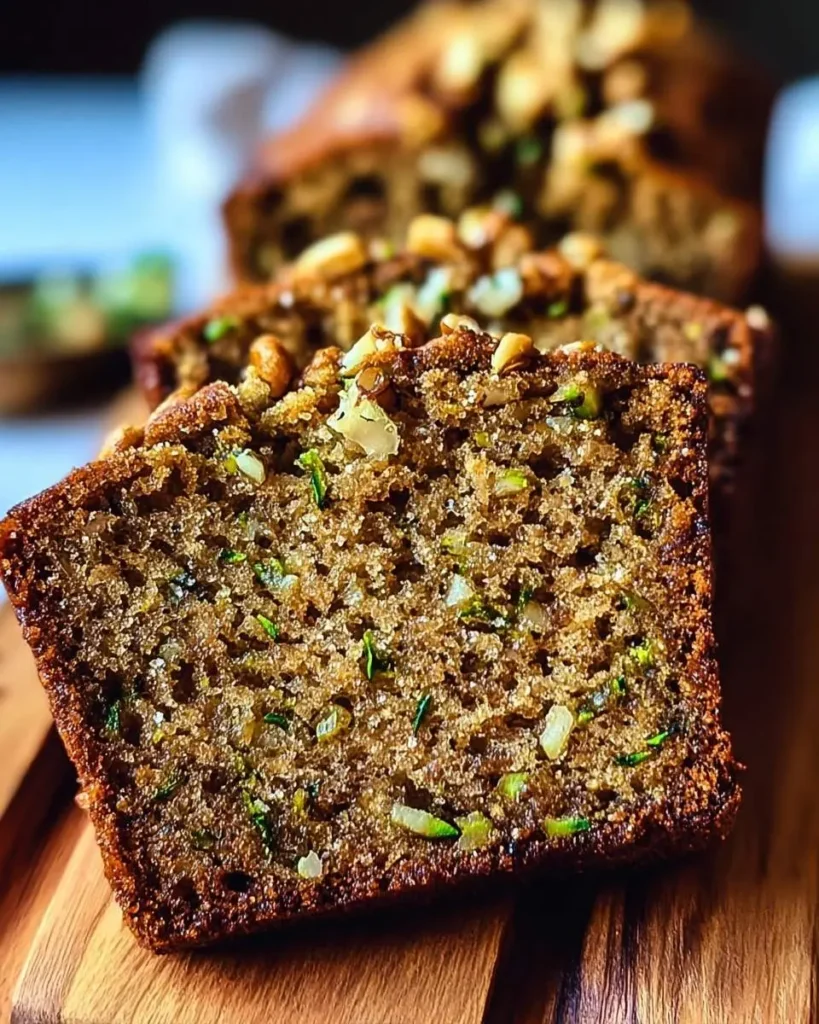 Close-up of several slices of moist Zucchini Walnut Bread, topped with chopped walnuts, on a wooden cutting board.