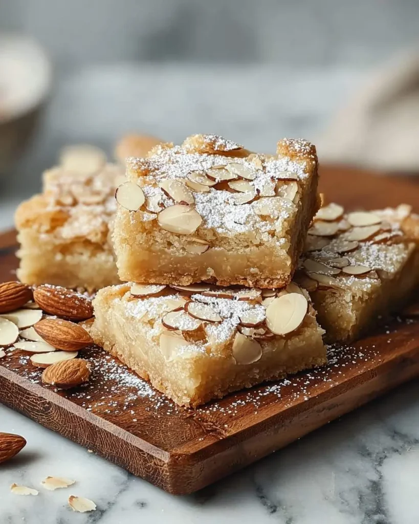 A stack of two Almond Croissant Cookie Bars, dusted with powdered sugar and topped with sliced almonds, on a wooden board with whole almonds.