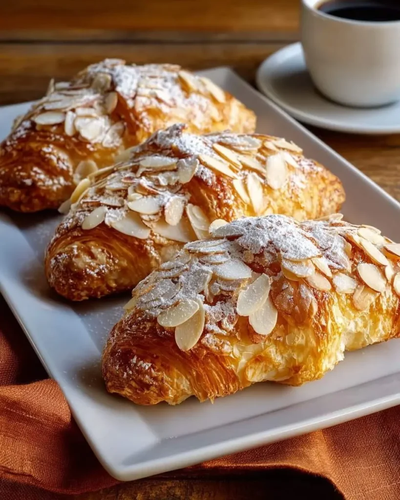 Three golden, flaky almond croissants dusted with powdered sugar and sliced almonds on a white plate with coffee in the background.