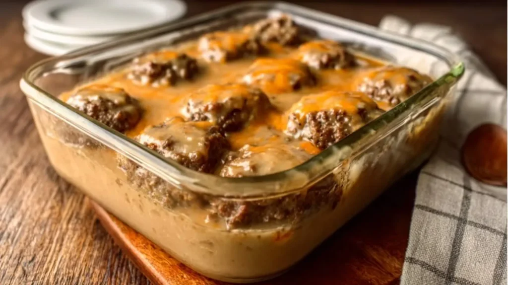 Savory Amish Hamburger Steak Bake in a glass dish, with individual portions covered in creamy gravy and melted cheddar.