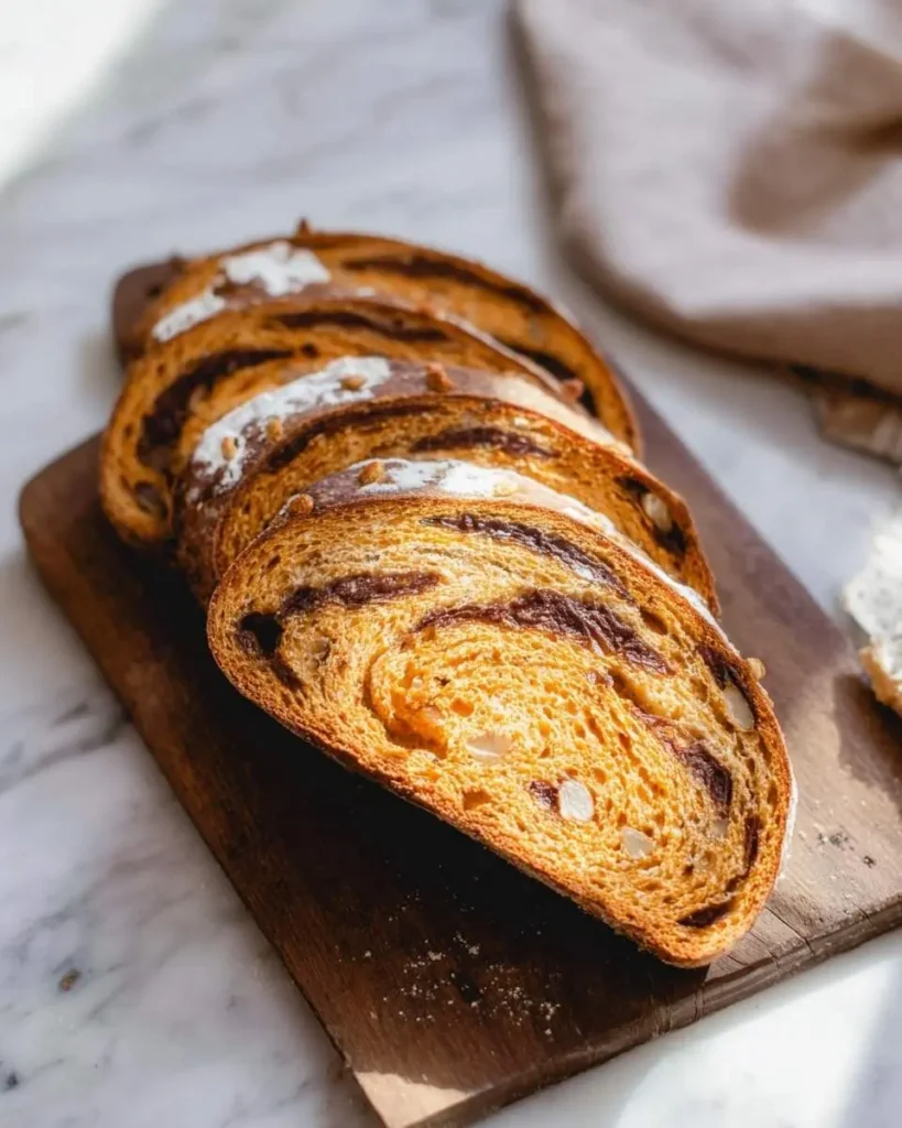 Slices of Artisan Pumpkin Sourdough Bread with a cinnamon swirl and almonds on a rustic wooden cutting board.