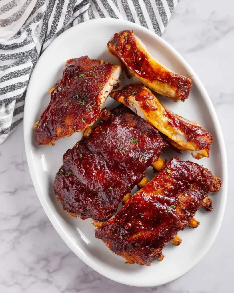 A white platter holds several pieces of delicious, saucy Baby Back Ribs garnished with fresh herbs on a marble surface.