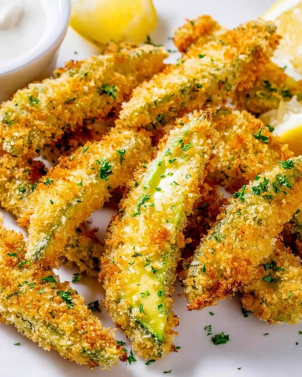 A plate filled with golden-brown, crispy Baked Avocado Fries, garnished with parsley, alongside a white dip and lemon wedges.