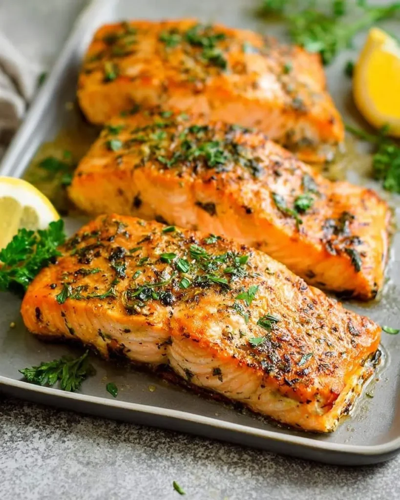Three flavorful baked salmon fillets seasoned with fresh herbs and served with lemon wedges on a grey platter.