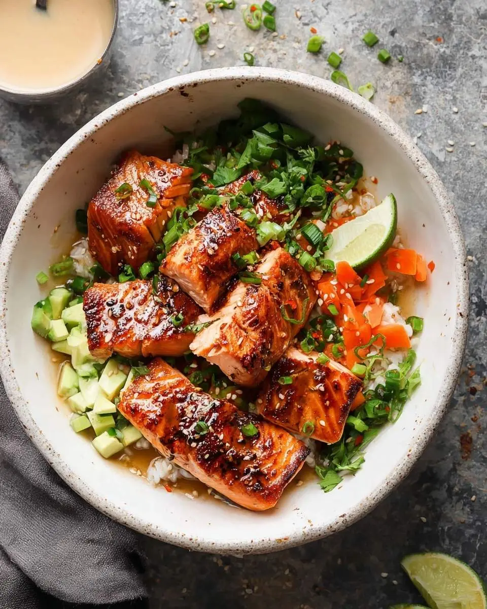 A close-up overhead shot of a delicious bang bang salmon bowl with glazed salmon pieces, rice, avocado, carrots, and green onions.