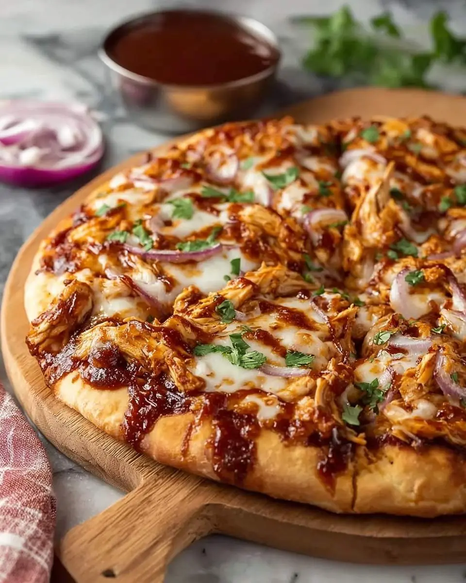 A freshly baked BBQ Chicken Pizza, generously topped with shredded chicken, red onions, melted cheese, and parsley on a wooden board.
