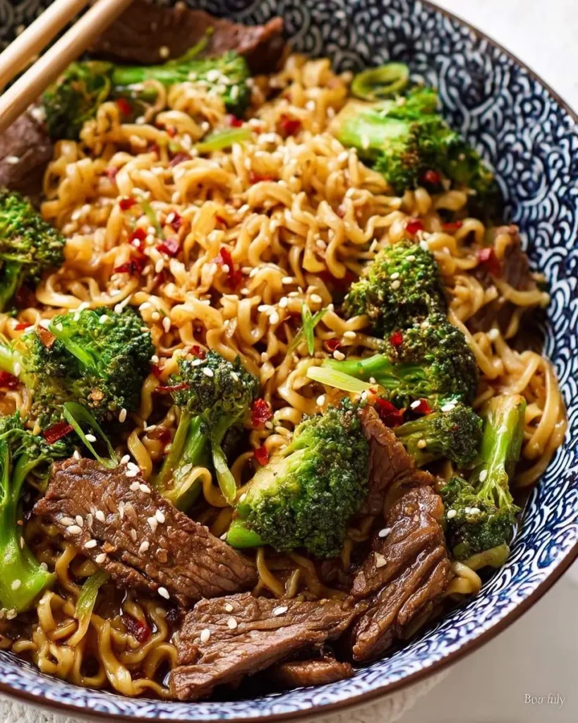 A close-up shot of a vibrant bowl of Beef and Broccoli Ramen, garnished with sesame seeds and chili flakes, with chopsticks resting on the side.
