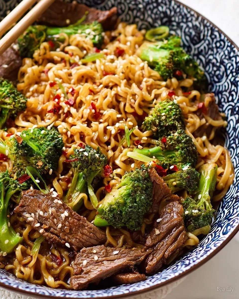 A close-up shot of a vibrant bowl of Beef and Broccoli Ramen, garnished with sesame seeds and chili flakes, with chopsticks resting on the side.
